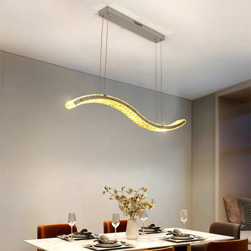 Afralia™ Modern Crystal Chandelier: Stainless Steel Long Strip Hanging Lamp for Kitchen and Dining