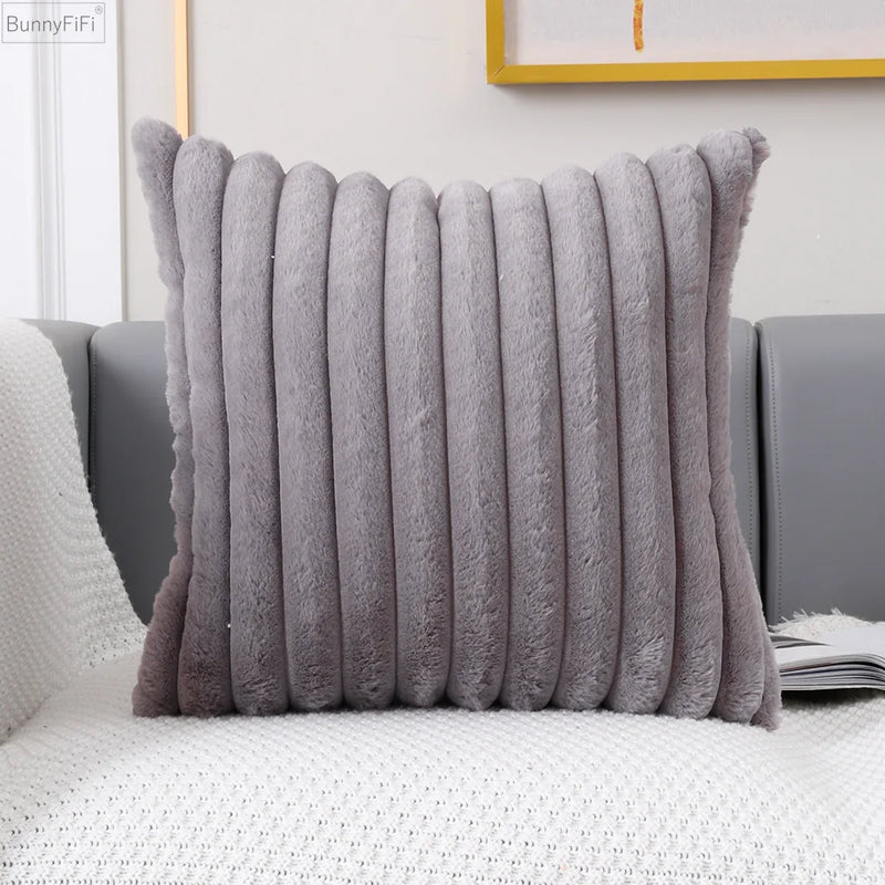 Afralia™ Faux Fur Stripe Cushion Cover Pink Grey Orange Ivory Soft 45x45cm/30x50cm