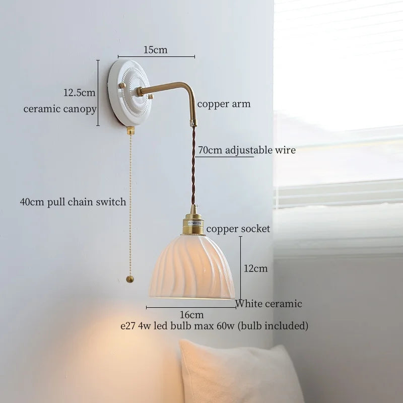 Afralia™ Ceramic Wall Sconce with Copper Arm | Pull Chain Switch LED Bedroom Lamp