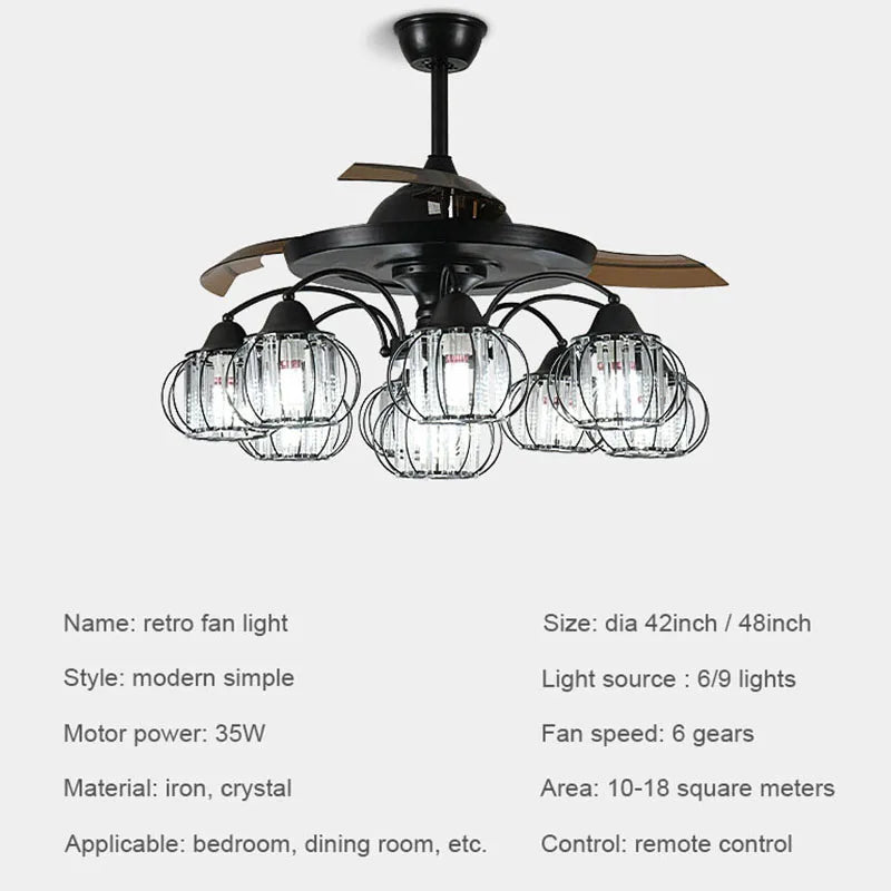 Afralia™ Black Crystal LED Ceiling Fan Chandelier, 6/9 Heads, Remote Control, Reverse Motor