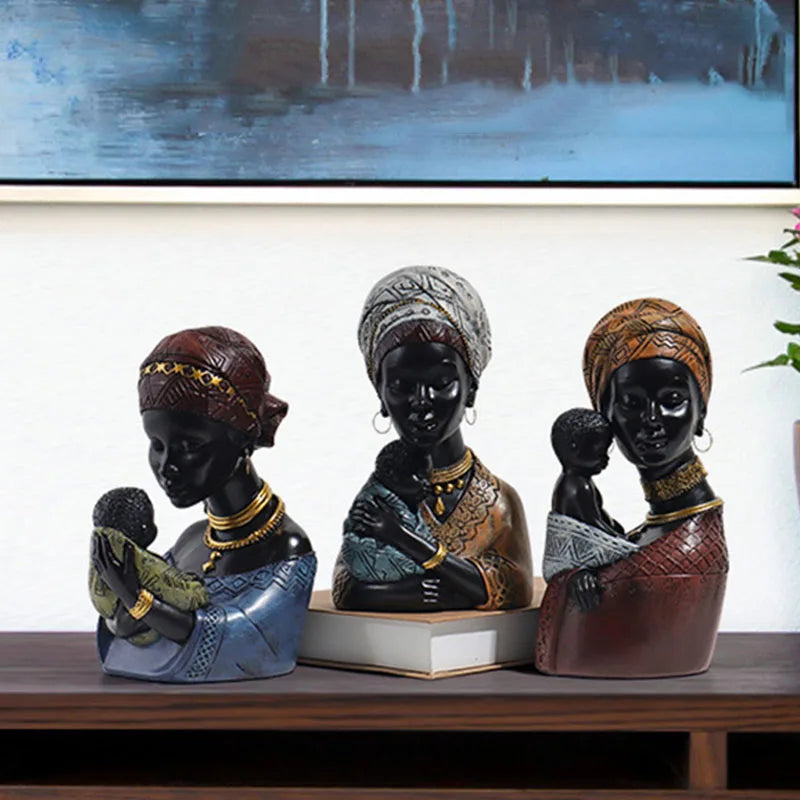 Afralia™ African Exotic Black Mother And Child Resin Statues Retro Figurines For Home Decor