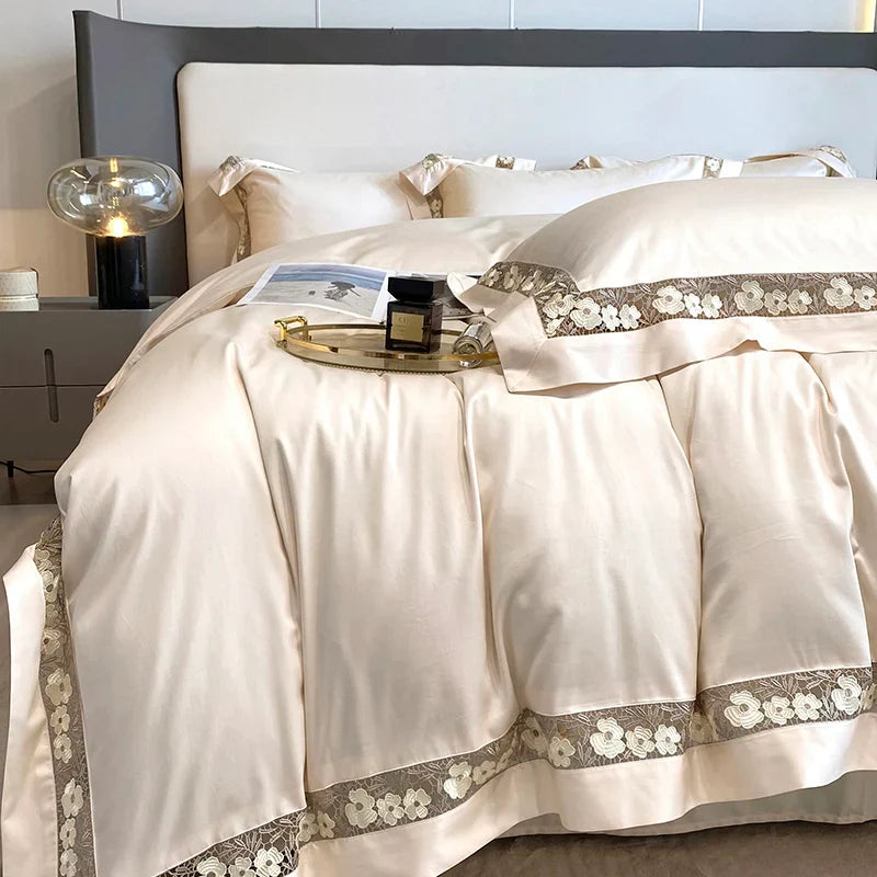 Afralia™ Luxury Egyptian Cotton Flowers Duvet Cover Set, Champagne Grey, Orange