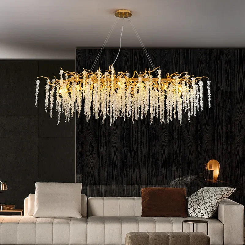 Afralia™ Long Crystal Chandeliers LED Pendant Lamp for Living Hotel Hall Lighting