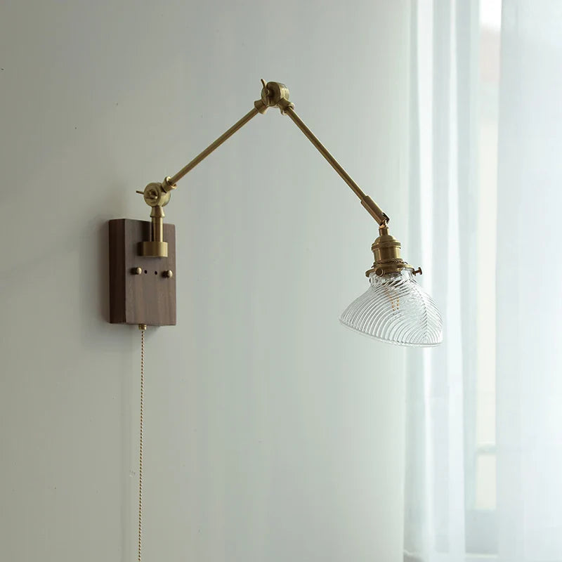 Afralia™ Modern Brass Glass Wall Light with 2 Swing Arms & Pull Chain Switch