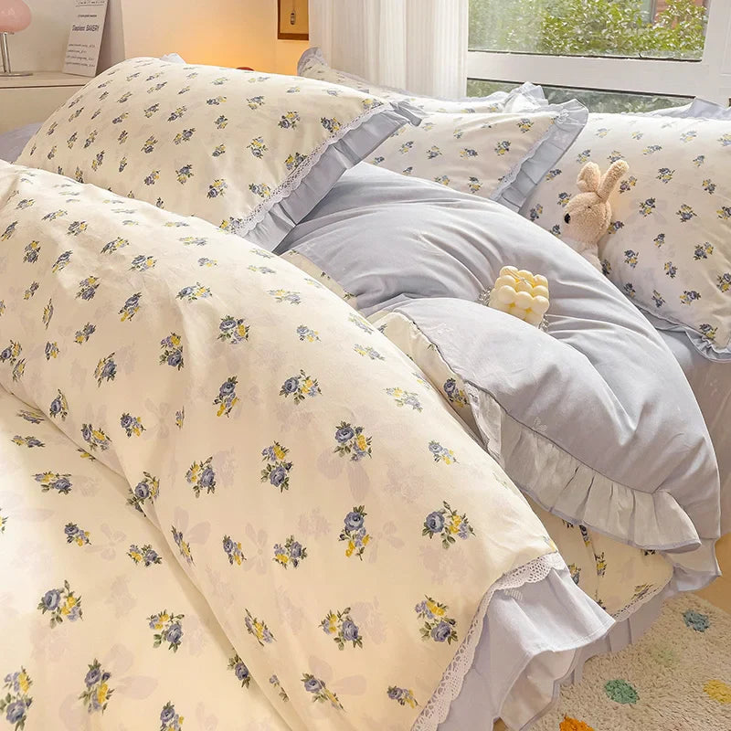 Afralia™ Floral Ruffles Bedding Set with Duvet Cover, Sheets, and Pillowcases