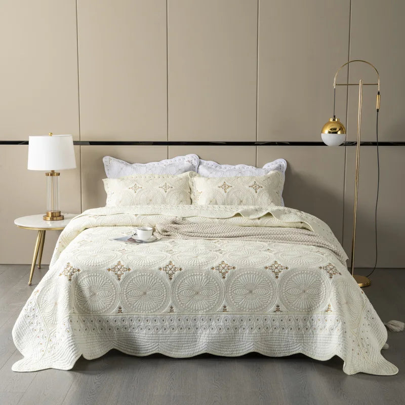 Afralia™ Gold Embroidery Cotton Bohemia Quilt Set - 3PCS Coverlet & Pillowcase