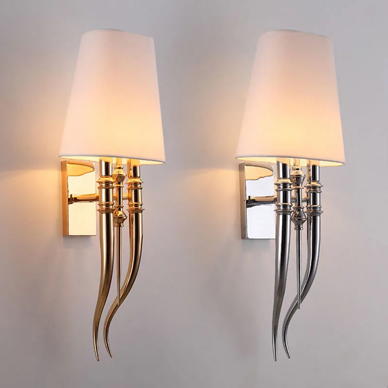 Afralia™ Iron Claw Horn Wall Sconce with Cloth Lampshade for Bedroom and Living Room