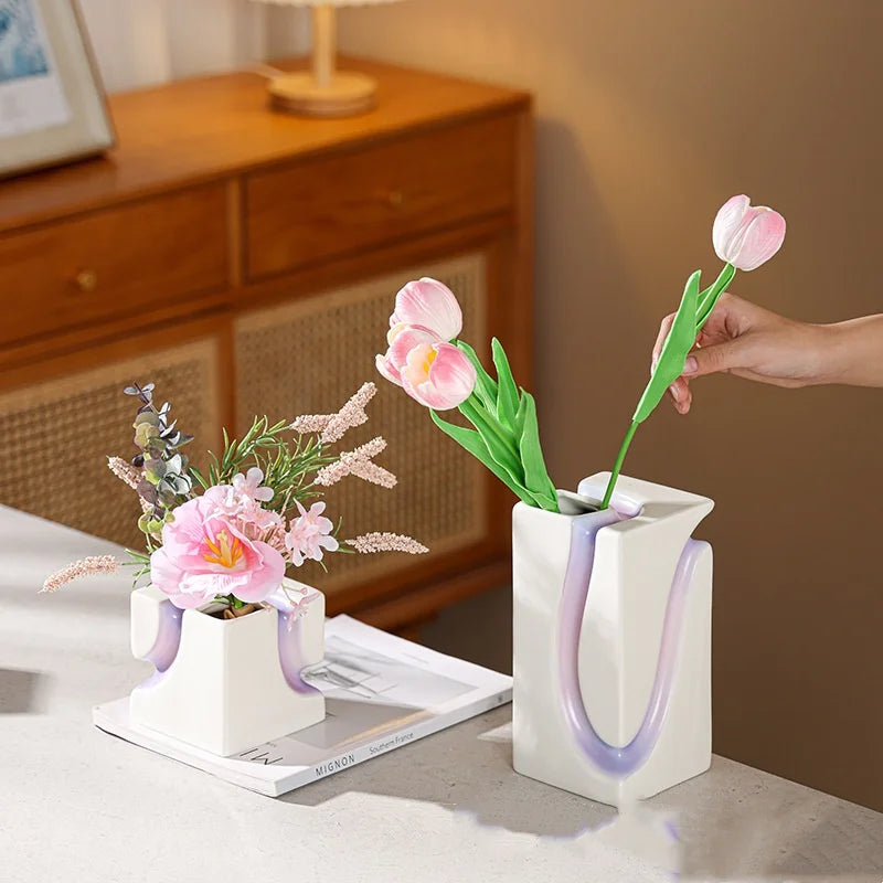 Afralia™ Purple Geometry Ceramic Flower Vase, Abstract Design for Stunning Floral Arrangements