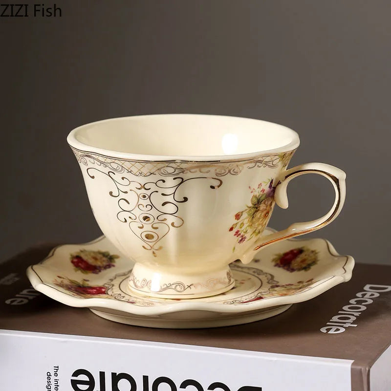 Afralia™ Lace Edge Flower Ceramic Cup & Saucer Set - Gold-plated Teacup for Dining Table