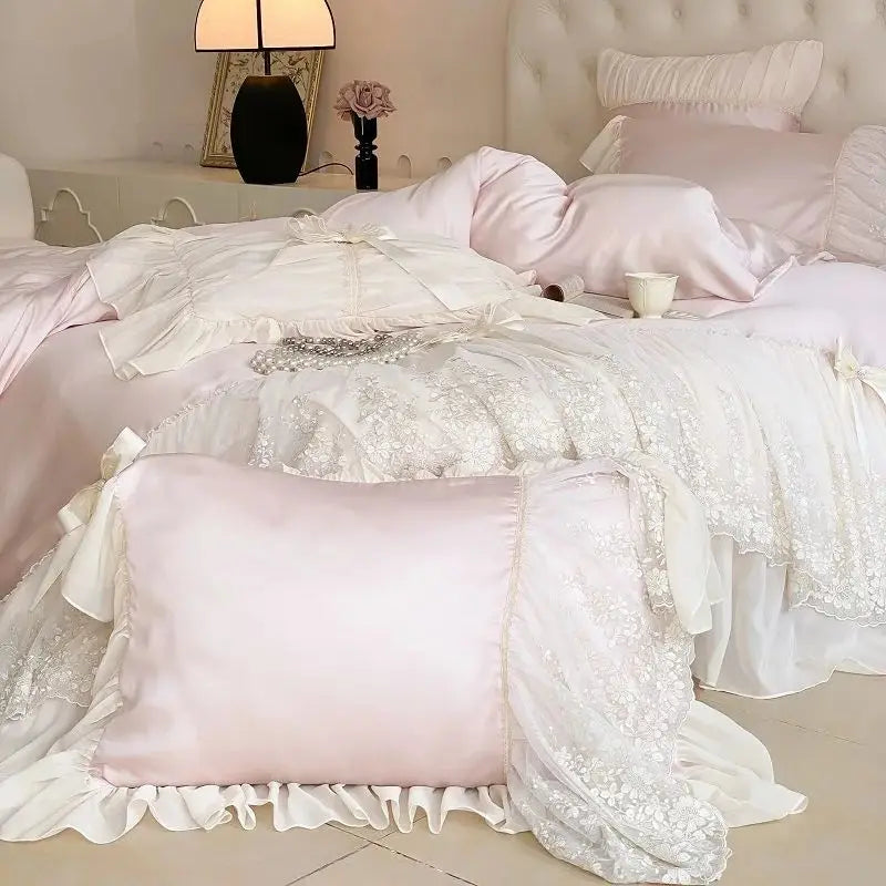 Afralia™ Pink Lace Ruffles Princess Wedding Bedding Set with Lyocell Eucalyptus Fiber