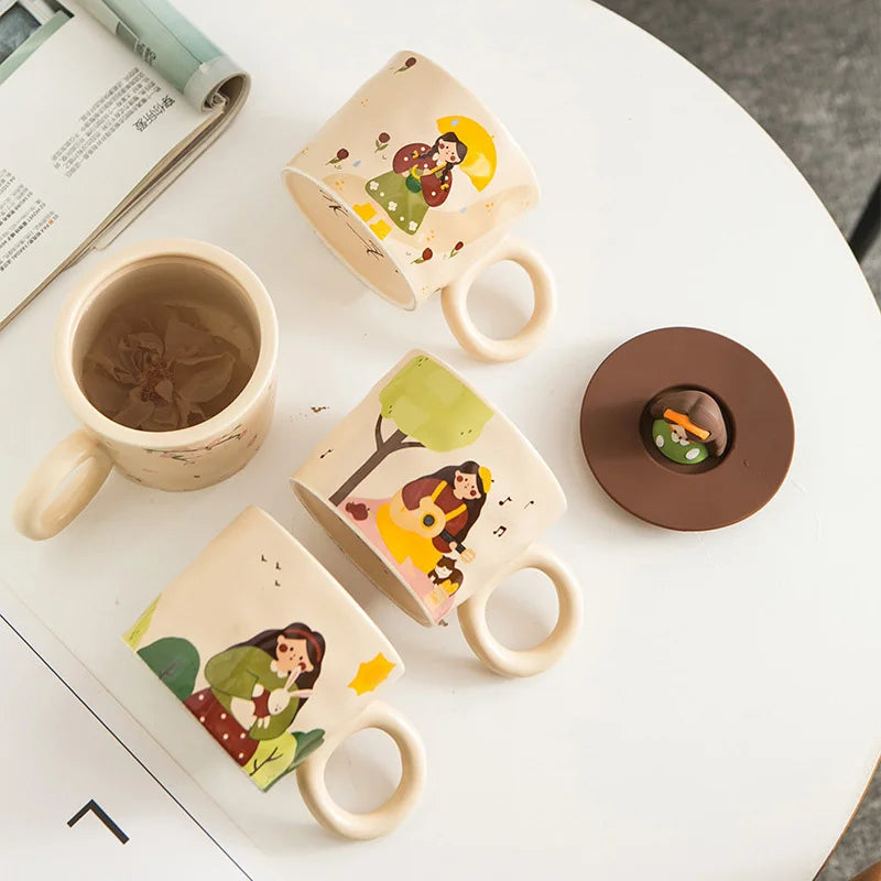 Afralia™ Retro Ceramic Coffee Mug with Lid - Personalized Birthday Gift for Office or Home