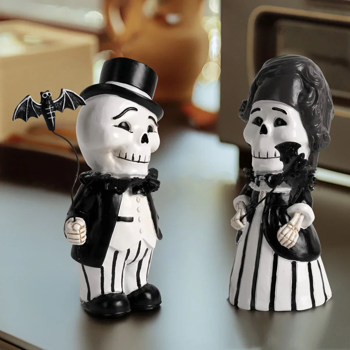 Afralia™ Cartoon Skeleton Gentleman Bat Halloween Statue Home Decor Figurine