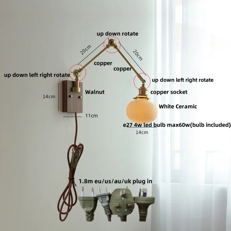 Afralia™ Rotatable 2 Swing Arms LED Wall Lamps, Walnut Wood Nordic Modern Ceramic Stair Light