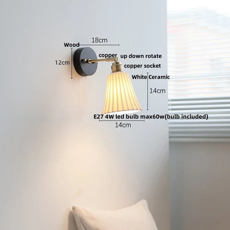 Afralia™ White Ceramic LED Wall Lamp Wood Canopy Sconce Reef Pull Chain Switch