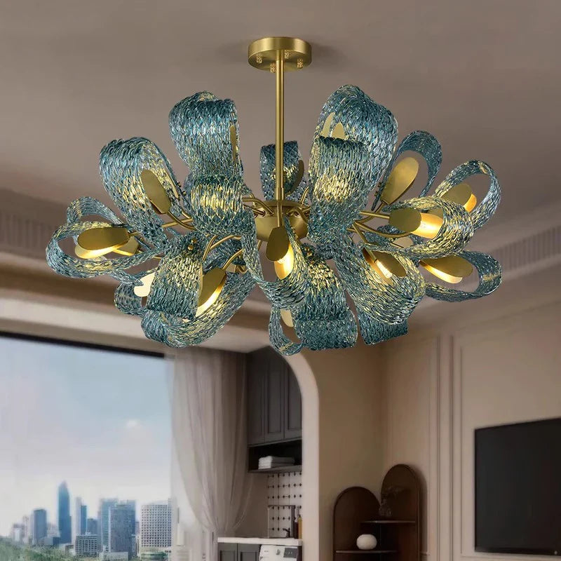 Afralia™ Blue Glass Flower Ceiling Chandelier Copper Hanging Lamps