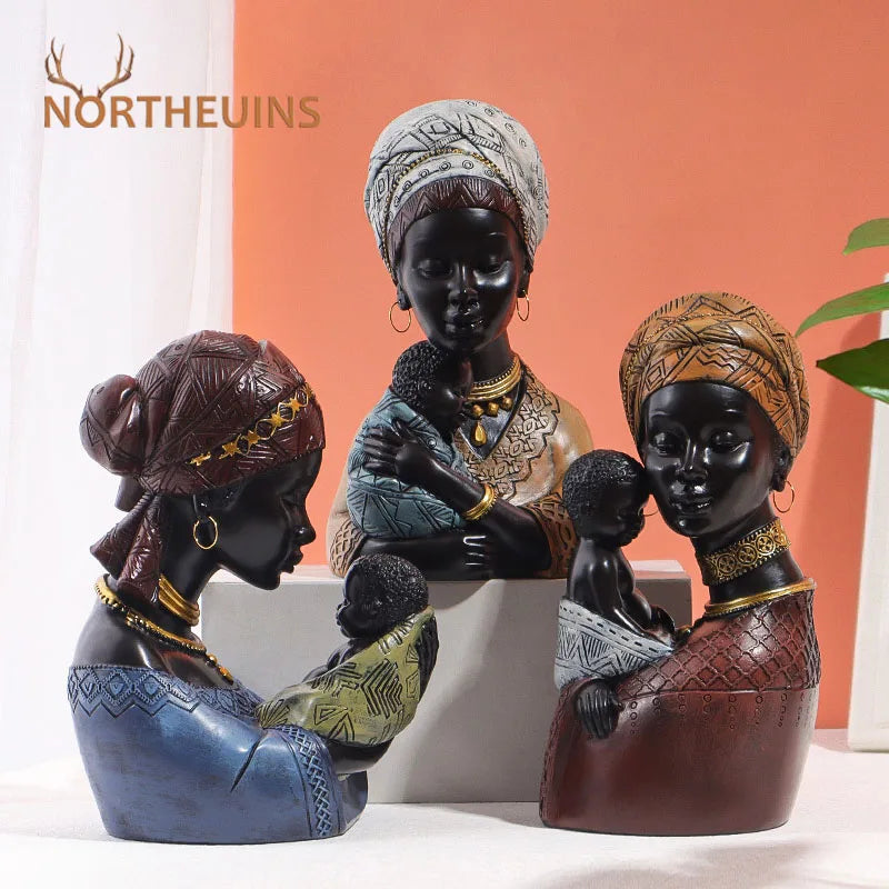 Afralia™ African Exotic Black Mother And Child Resin Statues Retro Figurines For Home Decor