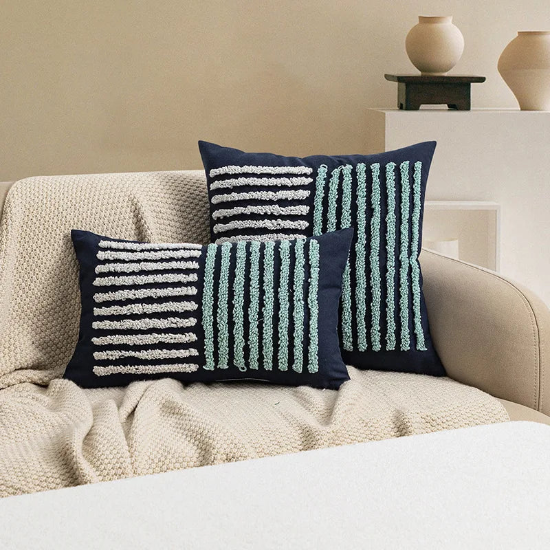 Afralia™ Navy Blue Yellow Stripe Embroidered Cotton Canvas Tufted Cushion Cover