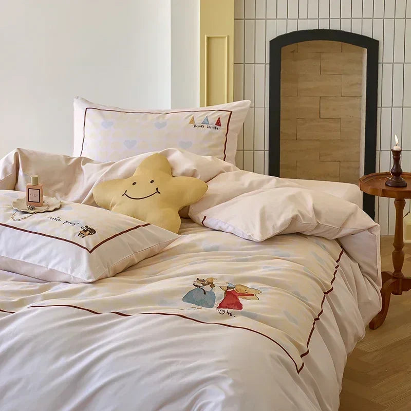 Afralia™ Embroidered Queen Bedding Set: High-Quality 100% Cotton Duvet Cover with Sheet & Pillowcases