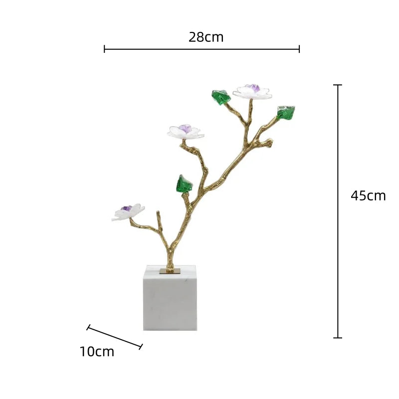 Afralia™ Crystal Flower Tree Sculpture: Golden Branches Metal Figurine for Home Decor
