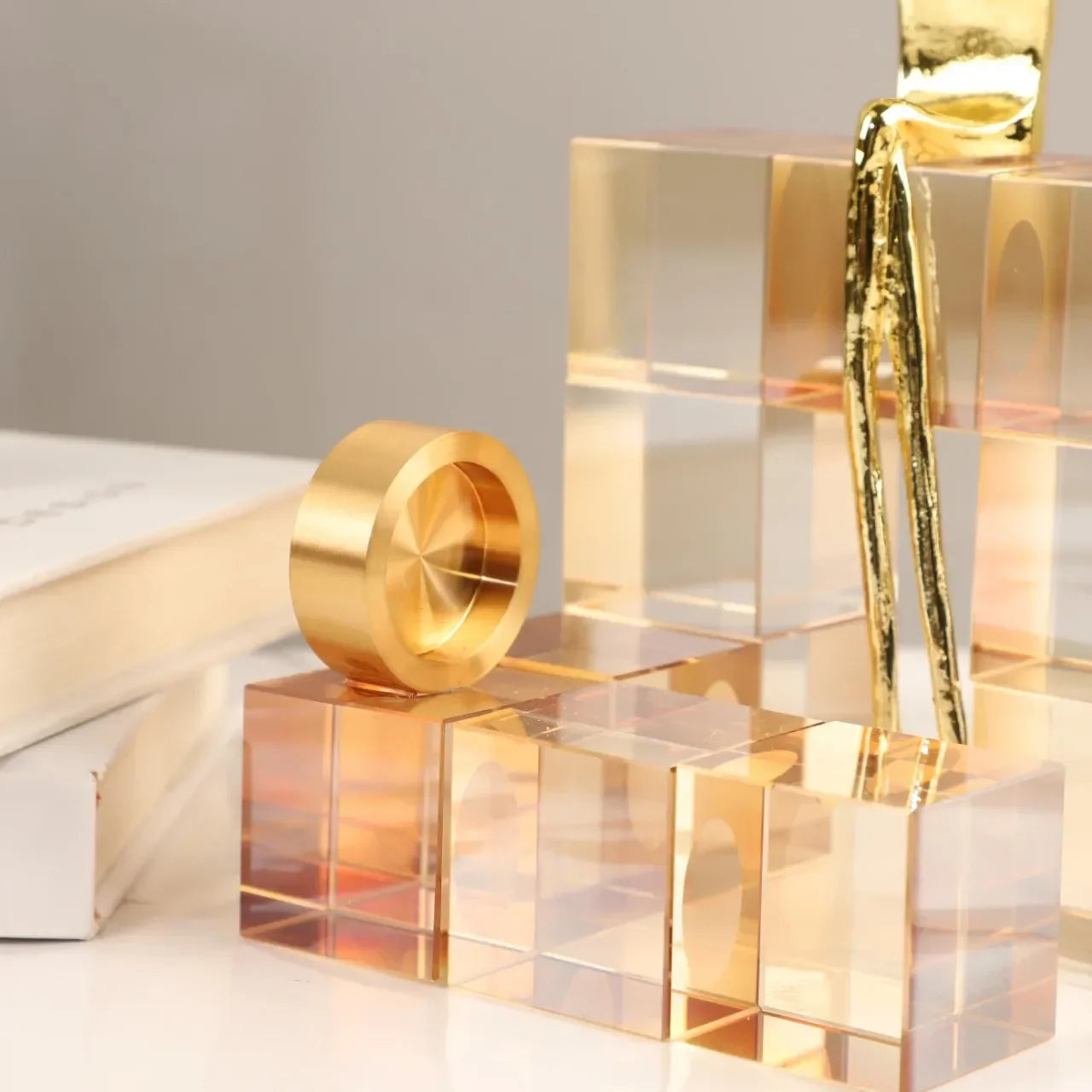 Afralia™ Geometric Stair Crystal Ornament Metal Gold Sculpture