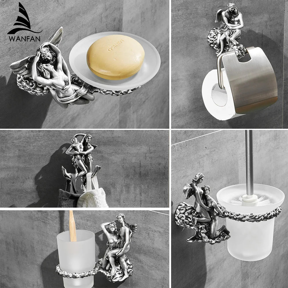 Afralia™ Bathroom Hardware Set: Toilet Paper Holder, Towel Bar, Brush Holder - Mountable Romantic Design