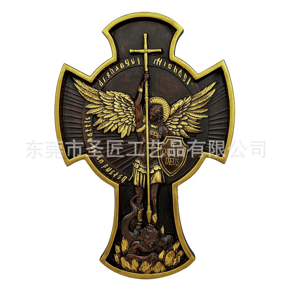 Afralia™ Saint Michael Archangel Cross Statue for Home Wall Decor and Christian Gifts
