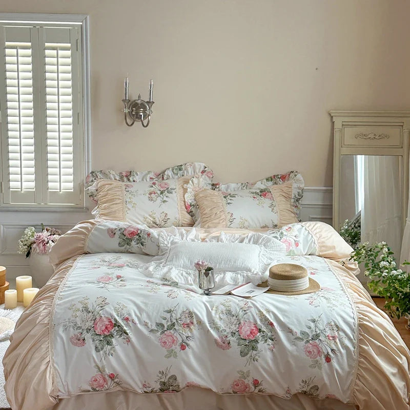Afralia™ Korean Princess Style Floral Cotton Bedding Set with Ruffles