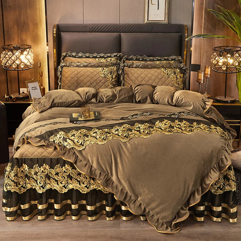 Afralia™ Black Gold Lace Duvet Set, Luxury Crystal Velvet, Quilted Embroidery, Ruffle Bedding