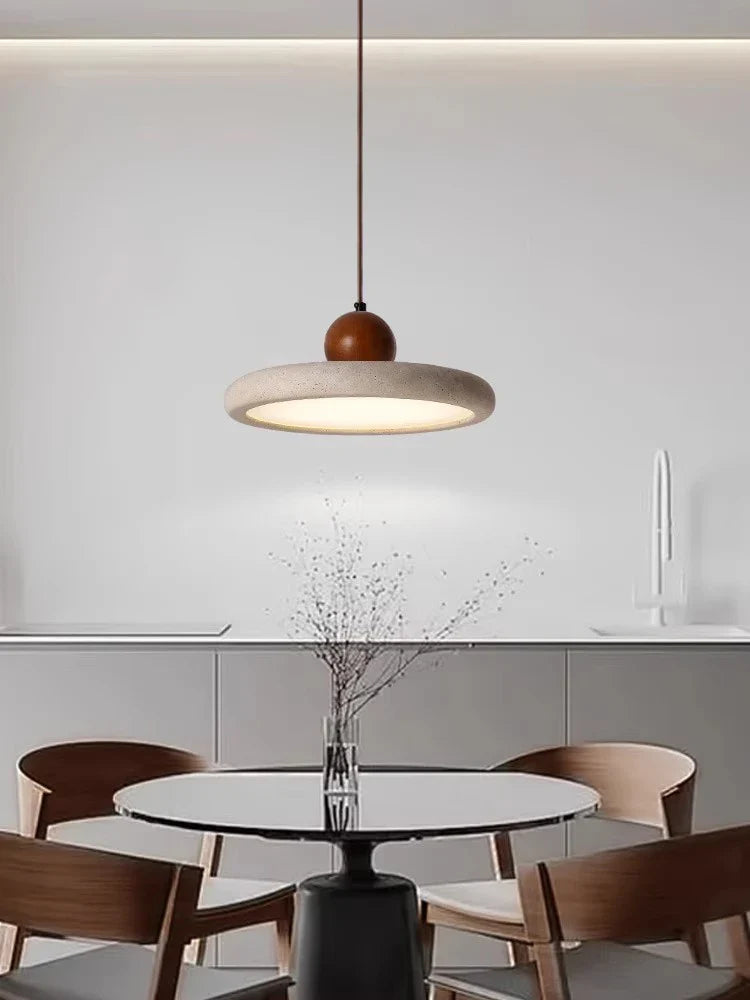 Afralia™ UFO Round Pendant Chandelier in Walnut Wood Finish for Bedroom and Restaurant.