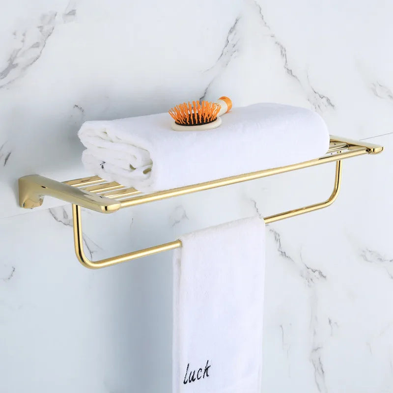 Afralia™ Gold Bathroom Hardware Set: Towel Rack, Shelf, Paper Holder, Towel Holder, Toilet Brush Holder