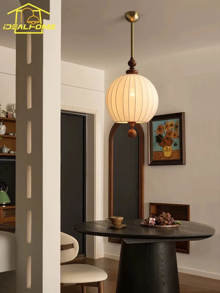 Afralia™ Wabi-sabi Zen Art Wooden Pendant Lights LED E27 Fabric Hanging Lamp