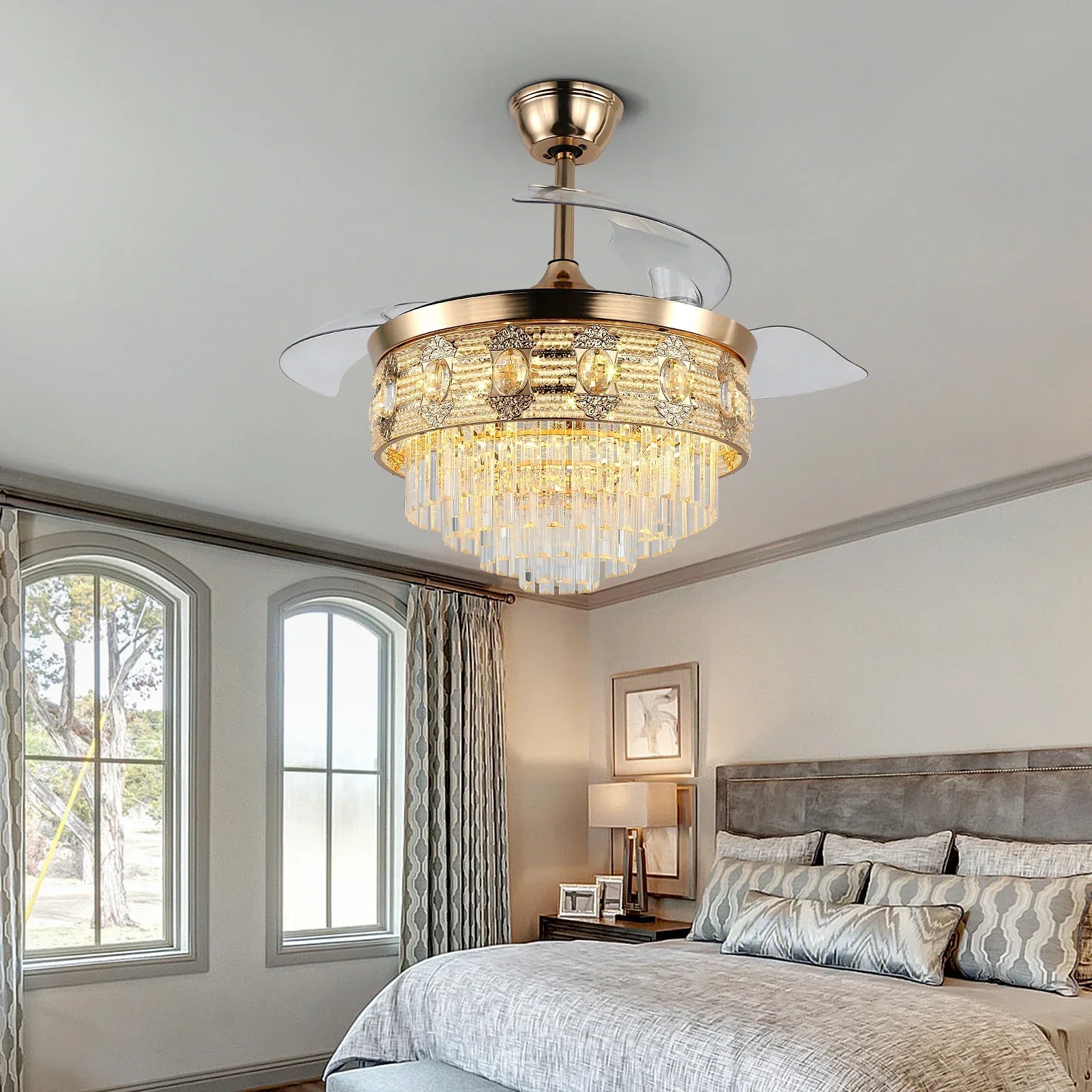 Afralia™ Crystal Pendant LED Ceiling Fan for Smart Home Decor