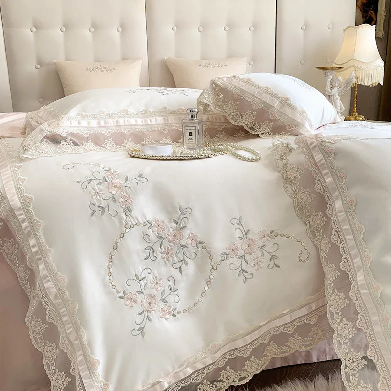 Afralia™ French Lace Flowers Embroidery Wedding Bedding Set 1200TC - Luxurious and Romantic Cotton Duvet Cover Set