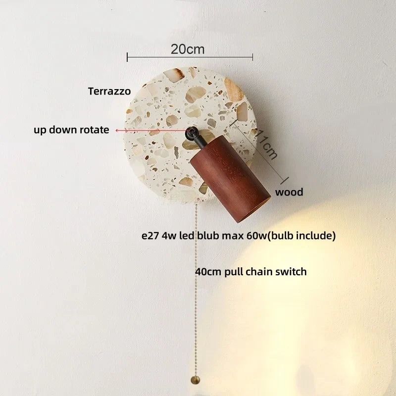 Afralia™ Terrazzo LED Wall Lights Iron Rotate Pull Chain Switch Wood Bedside Lamp