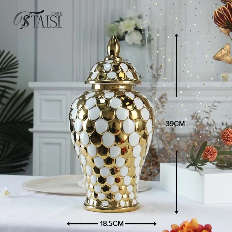 Afralia™ Geometric Golden Porcelain Jar - Home Decor Vase & Storage Tank