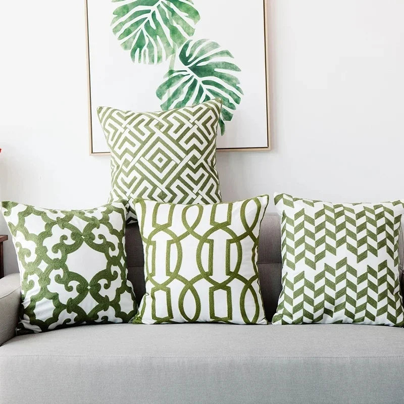 Afralia™ Green Geometric Canvas Cotton Embroidered Cushion Cover 45x45cm