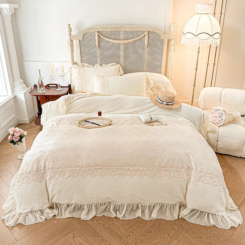 Afralia™ Velvet Fleece Lace Ruffles Bedding Set, French Palace Patchwork, Queen & King Sizes