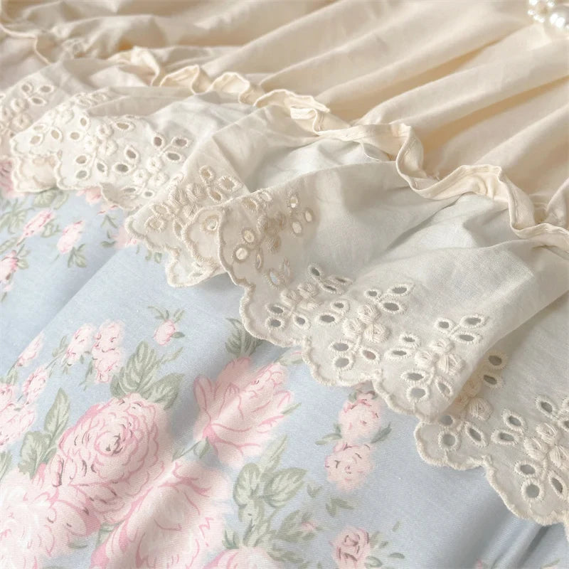 Afralia™ French Floral Bedding Set: Vintage Country Flowers with Ruffles, Duvet Cover, Flat Sheet & Pillowcases