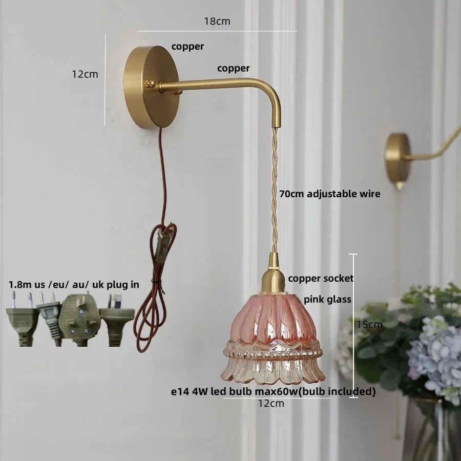 Afralia™ Amber Glass LED Wall Light Pull Chain Switch Modern Flower Sconce
