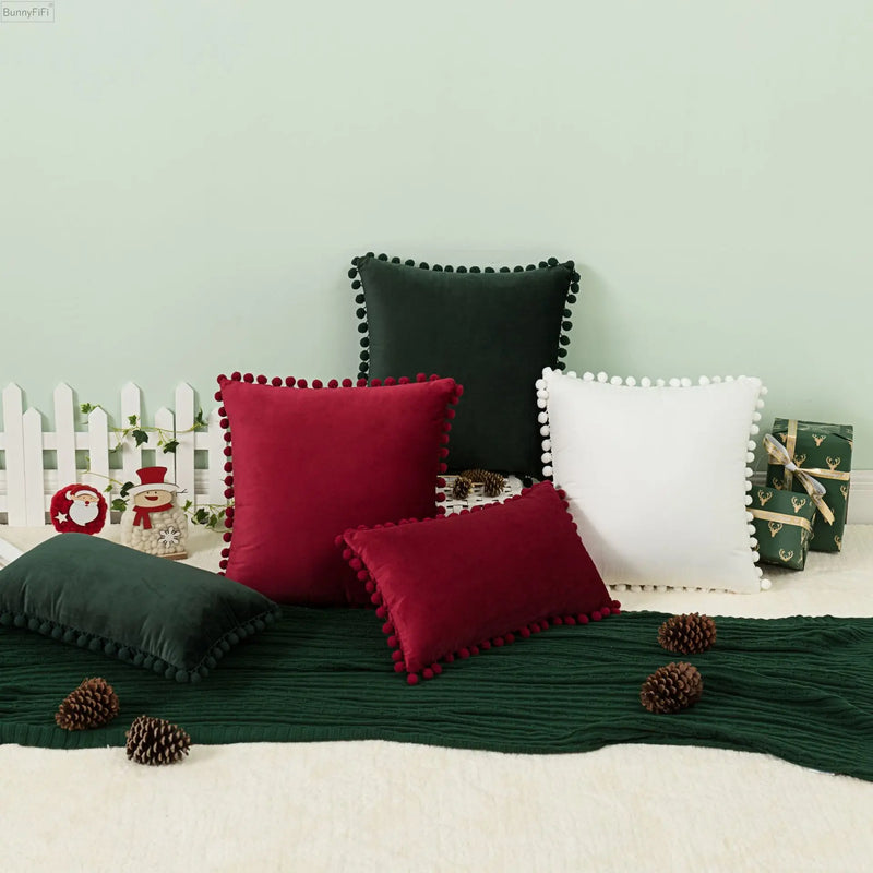 Afralia™ Pompom Ball Cushion Covers - Christmas Decoration - Soft Velvet - Living Room - Bed Room - Sofa