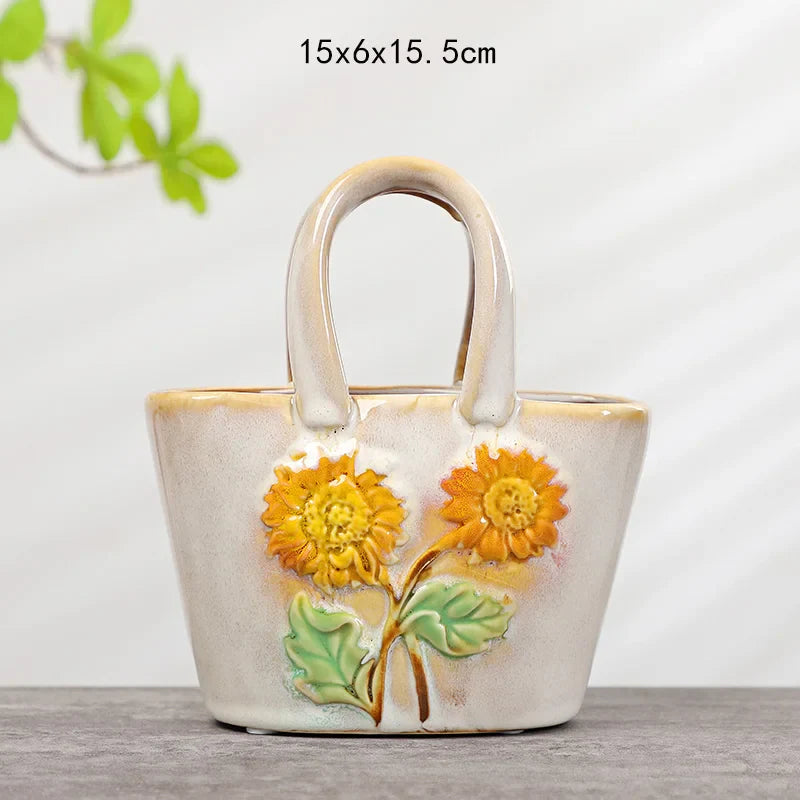 Afralia™ Ceramic Vase Handbag Embossed Flower Arrangement Home Decoration