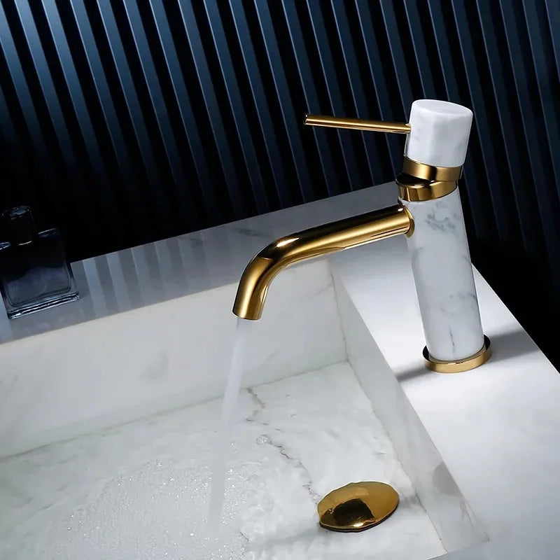 Afralia™ Brushed Gold Bathroom Faucet with Swivel Spout and Marble Accents