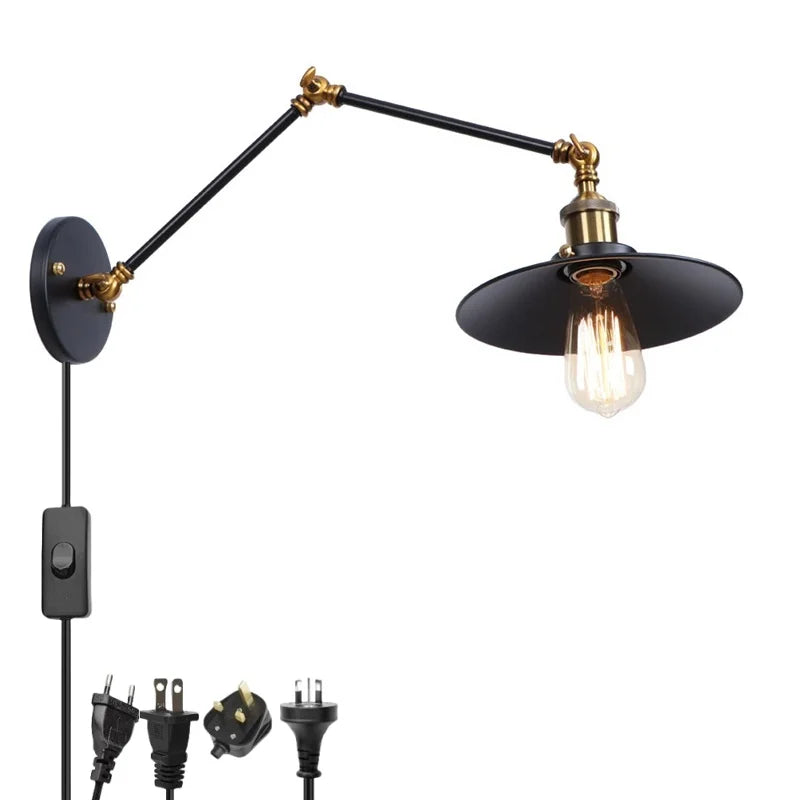 Afralia™ Black Iron LED Wall Light Fixture Industrial Vintage Adjustable Long Arm