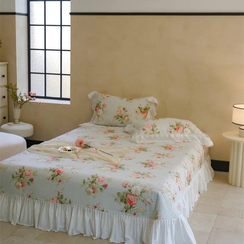 Afralia™ Cotton Floral Ruffles Quilted Bedspread Set with Pillowcases