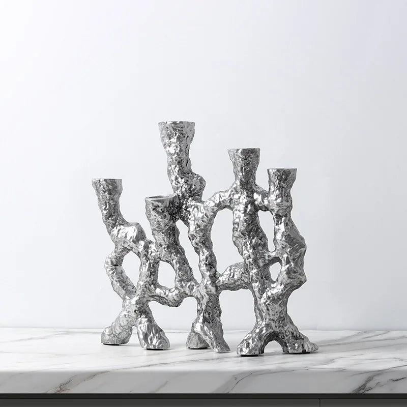 Afralia™ Silver Tree Root Candlestick Holder Geometric Abstract Home Decor Ornament.