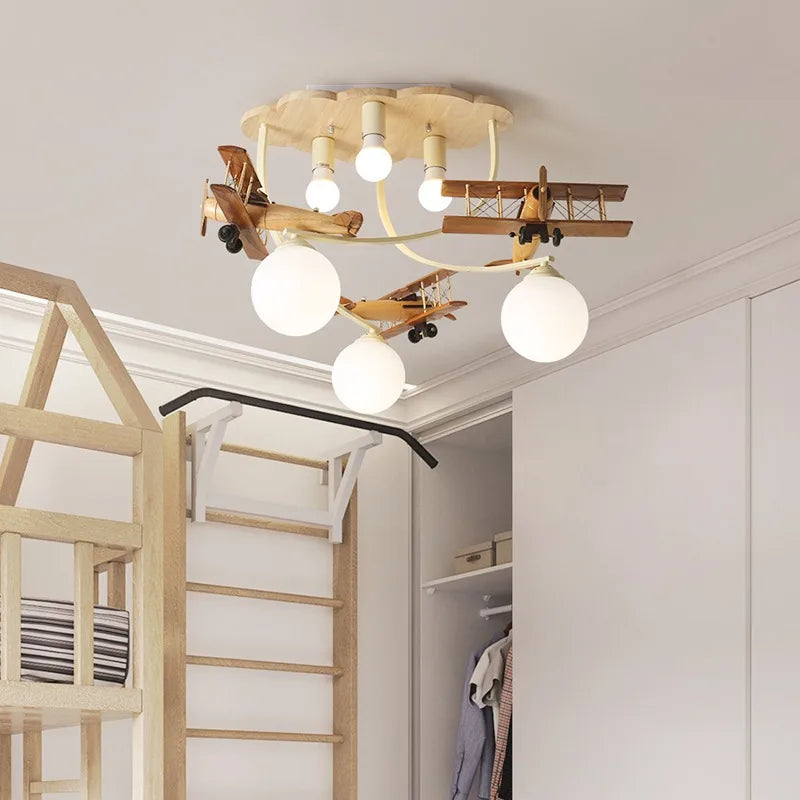 Afralia™ Airplane LED Wooden Plane Chandelier for Kids Room, Boys Bedroom, Creative Lighting