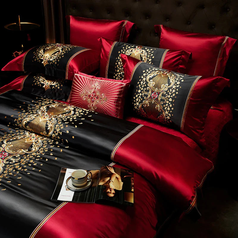Afralia™ Luxury Gold Embroidery Bedding Set, Satin Brocade & Egyptian Cotton Duvet, Sheet, Pillowcases