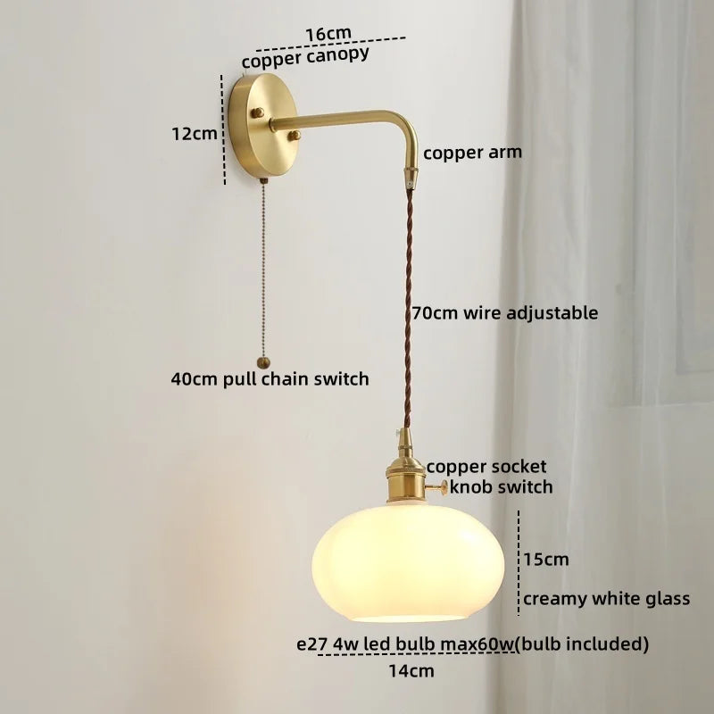Afralia™ Copper Ceramic LED Wall Light Pull Chain Switch Modern Bedroom Lamp