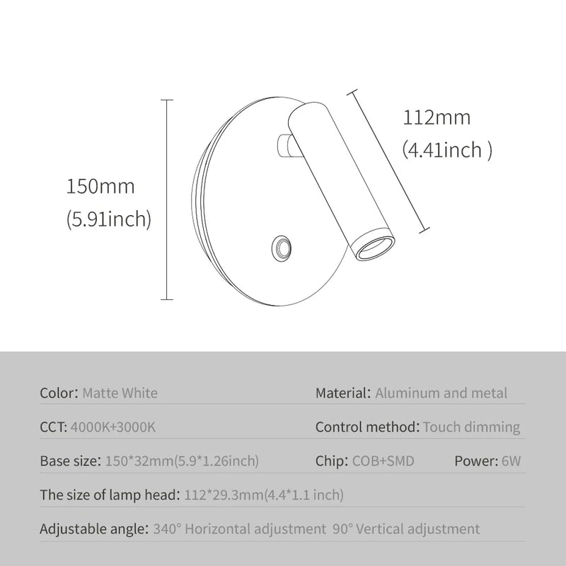 Afralia™ Dimmable LED Wall Lamp with Touch Switch, 340° Rotatable Backlight for Bedside & Study