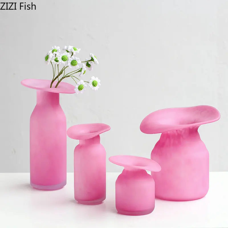 Afralia™ Matte Pink Glass Vase Flowers Arrangement Irregular Bottle Mouth Floral Vase